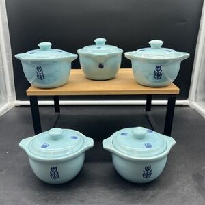 VTG Cronin Pottery 1950s Blue Tulip 5 Individual Casserole Bean Pots w/Lids